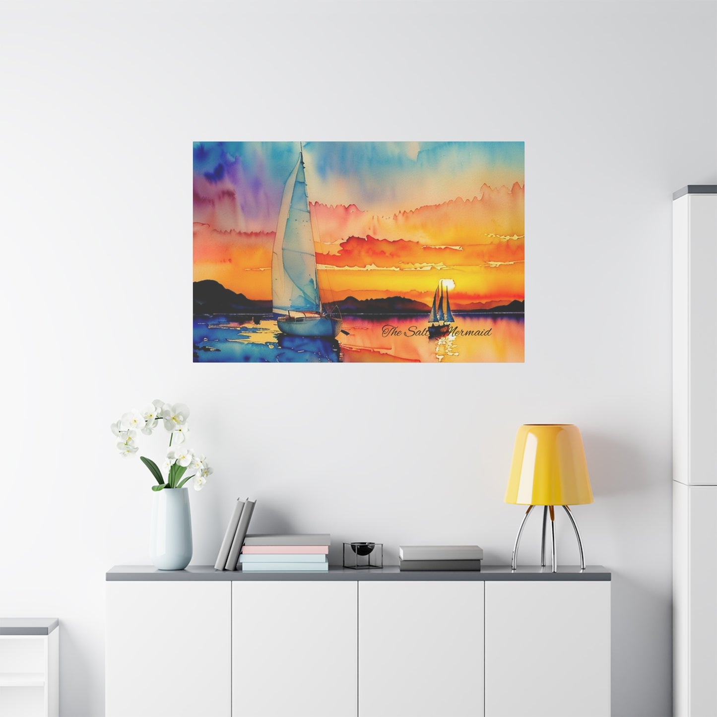 Watercolor Sailboat at Sunset