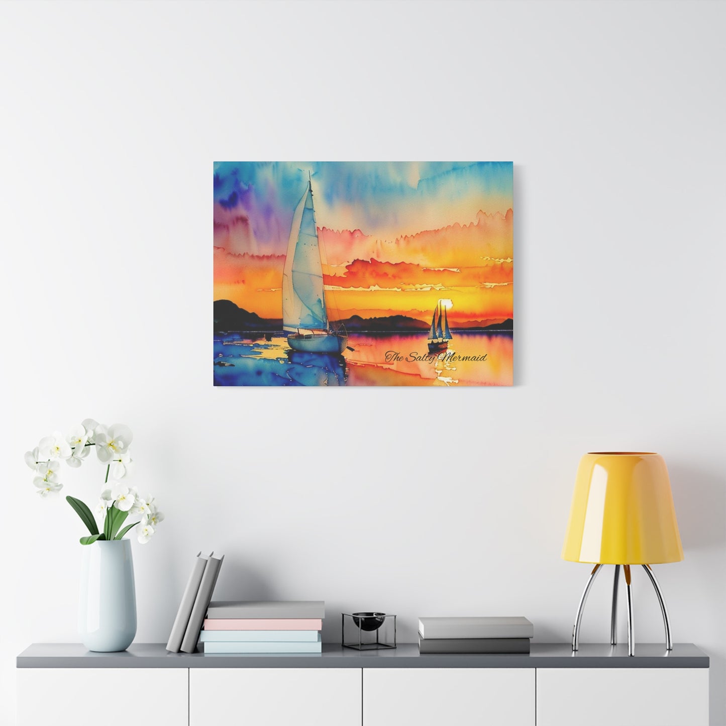 Watercolor Sailboat at Sunset